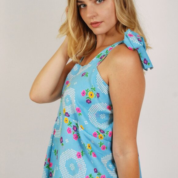 70s Floral Mini Dress (L) blue sundress adjustable large vintage sun tie mod 60s - Picture 6 of 7